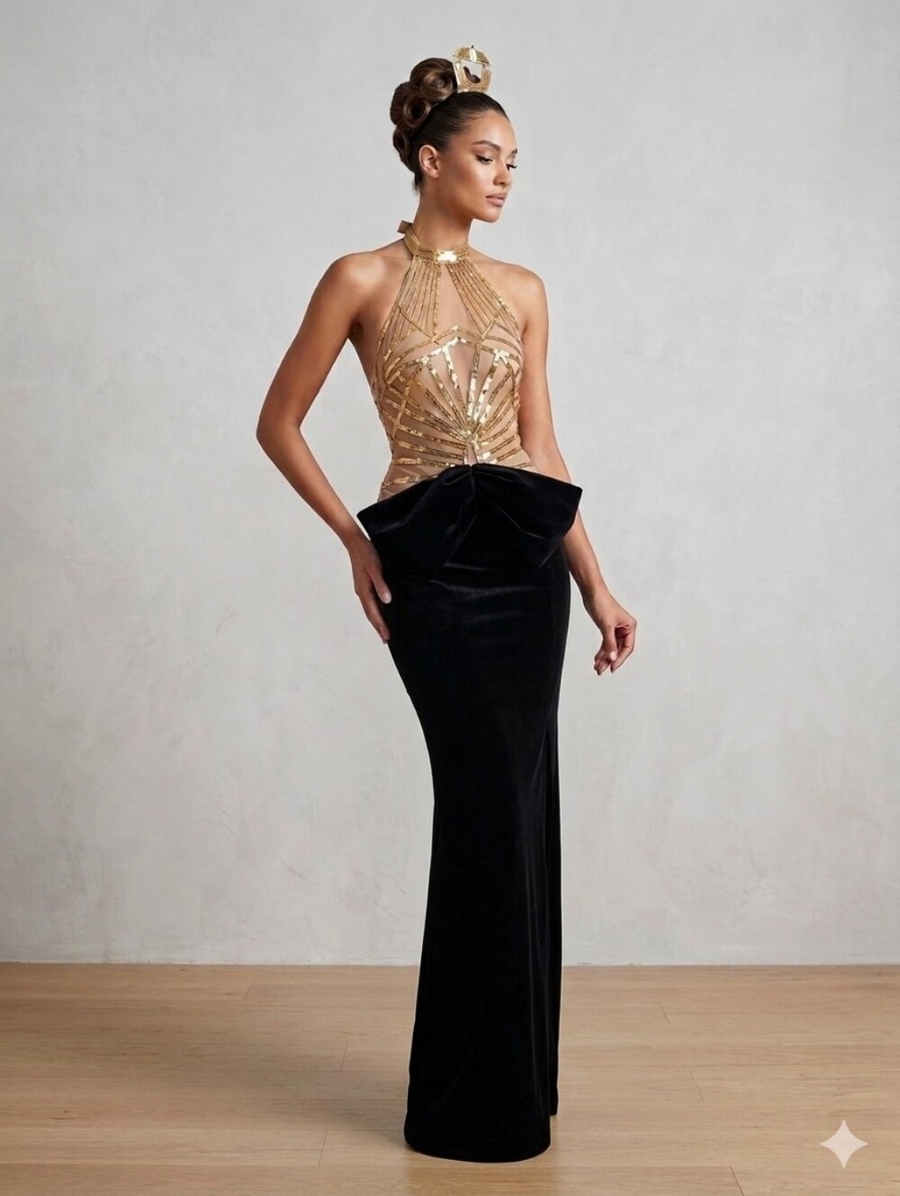 Gold & Black Halter Maxi Dress with Sculpted Waist